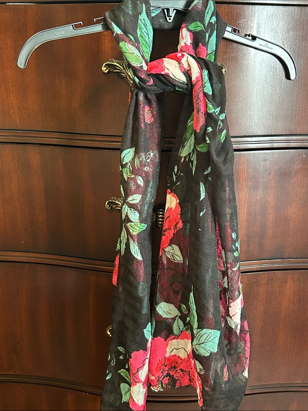 Nine West Black Floral Scarf with Pink & Green Accents